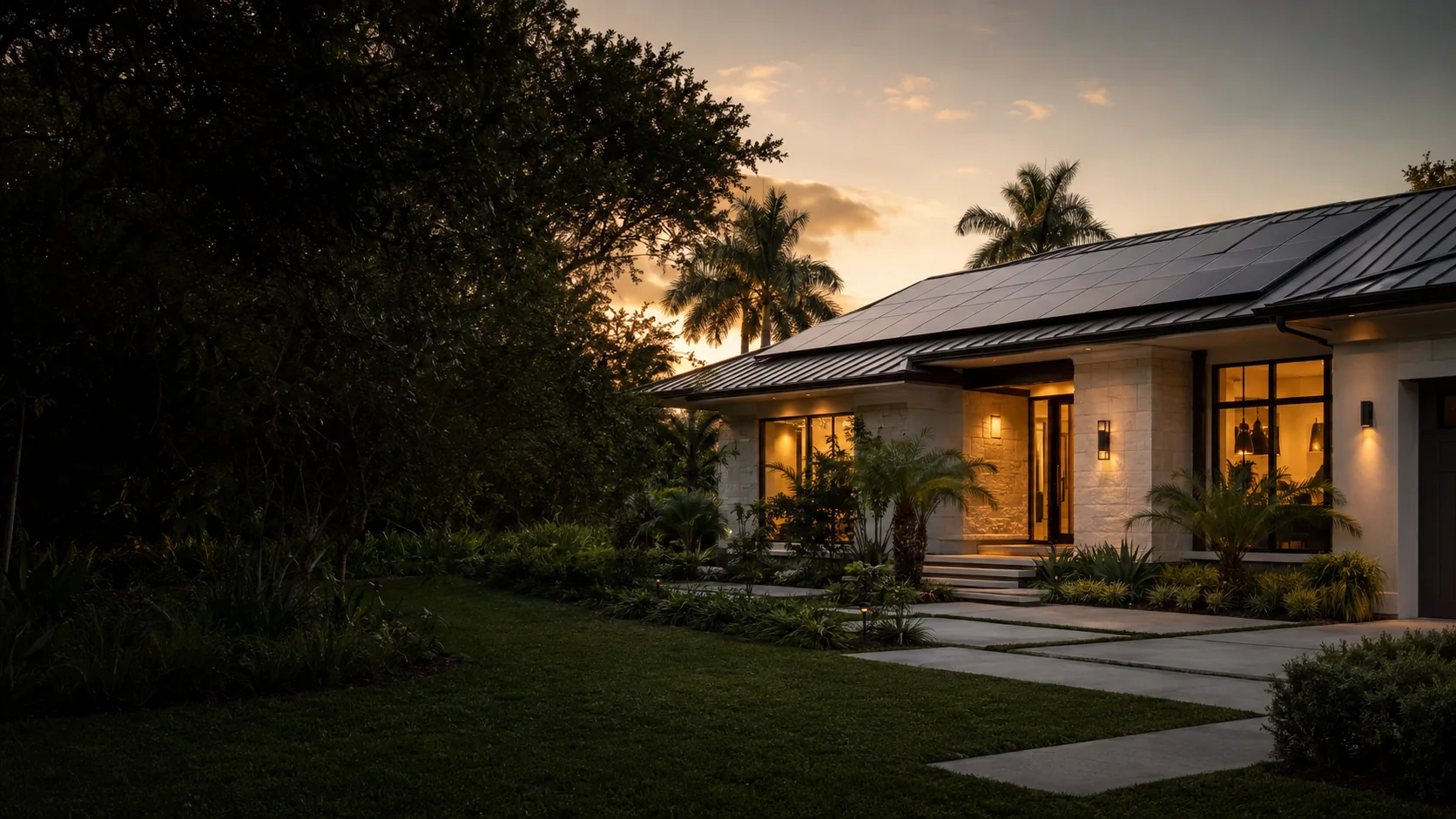 Contemporary Florida home with integrated rooftop solar at golden hour